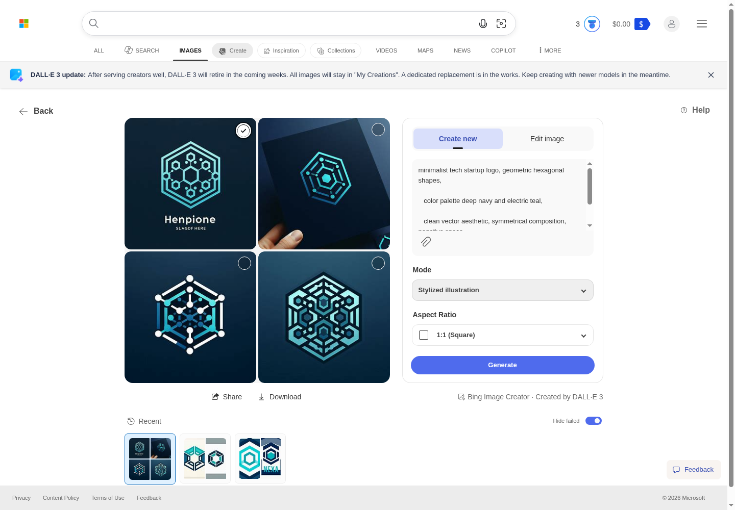 Bing Image Creator — DALL-E 3 prompt input and 4 logo variations