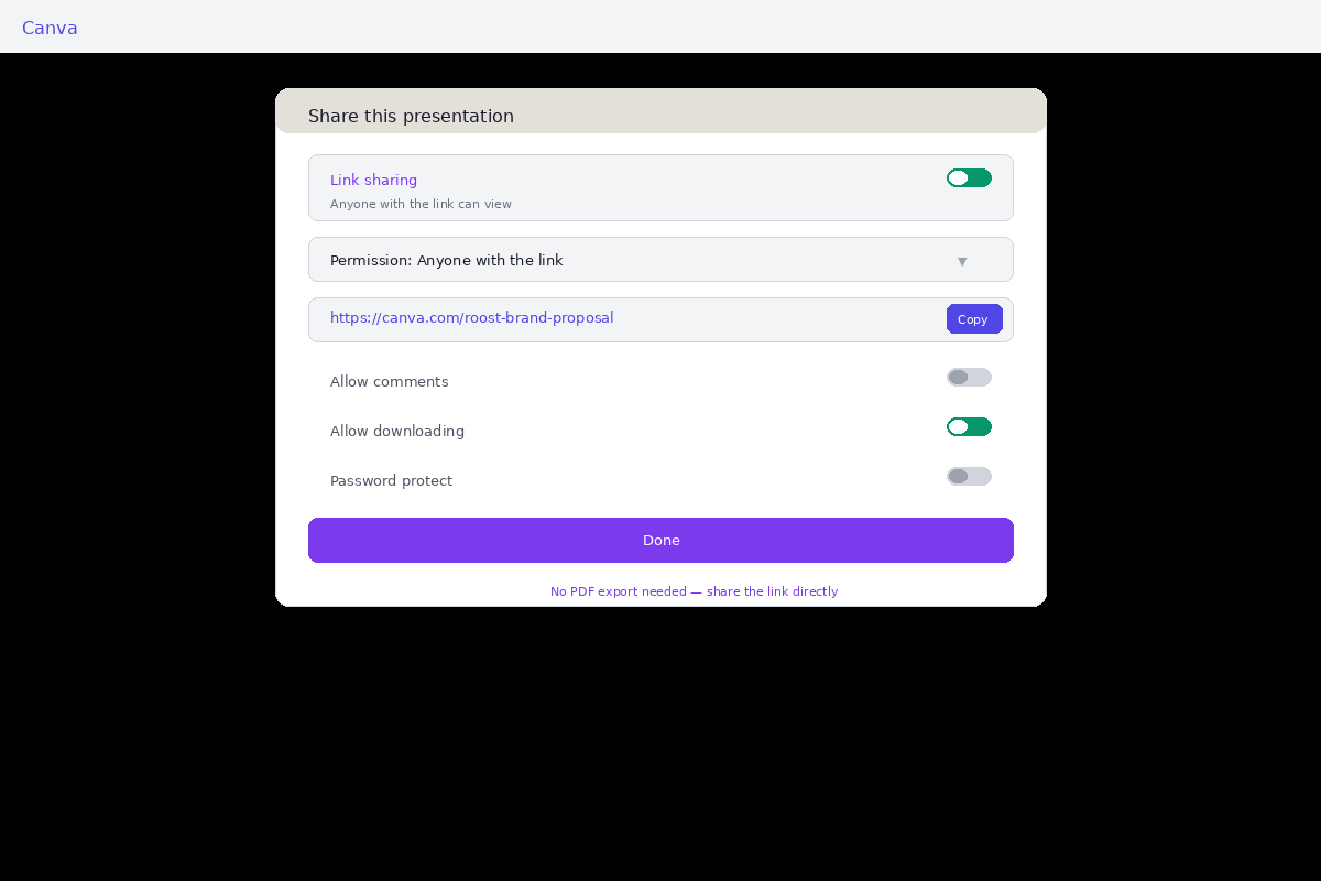 Canva share dialog — link sharing option